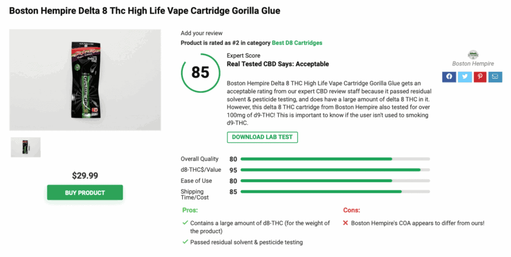 Boston Hempire Delta 8 Thc High life Vape Cartridge Gorilla Glue