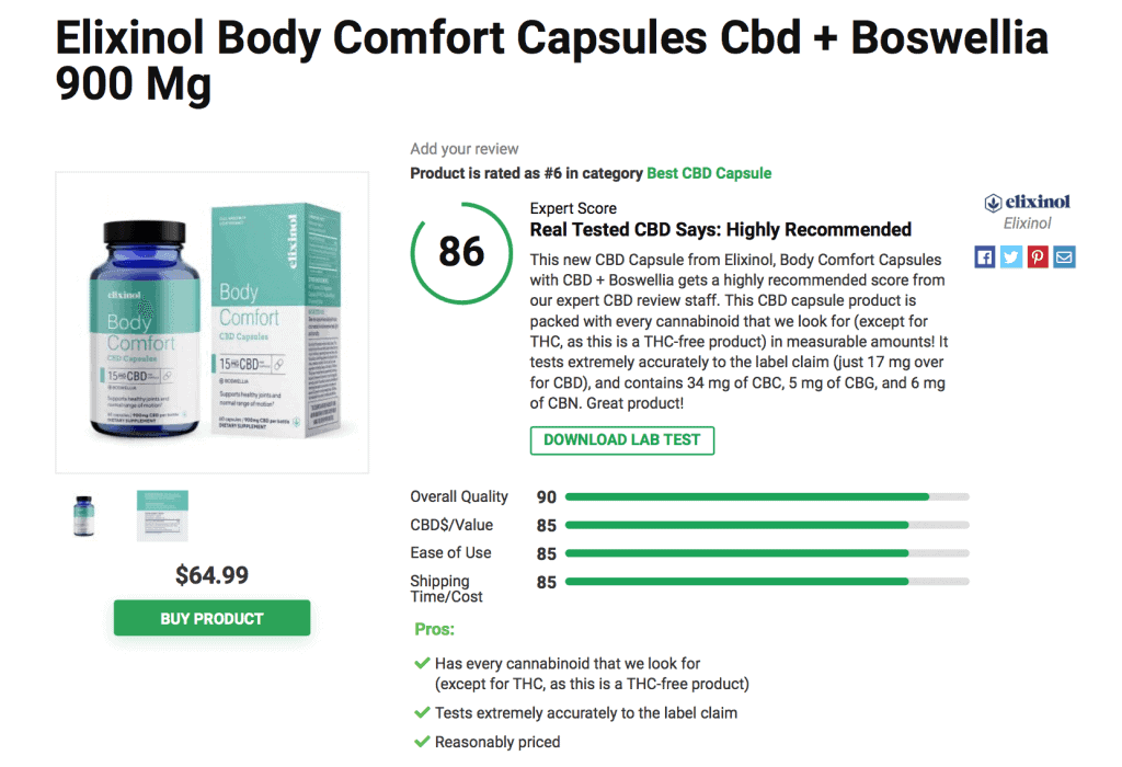Elixinol Body Comfort Capsules Cbd + Boswellia 900 Mg