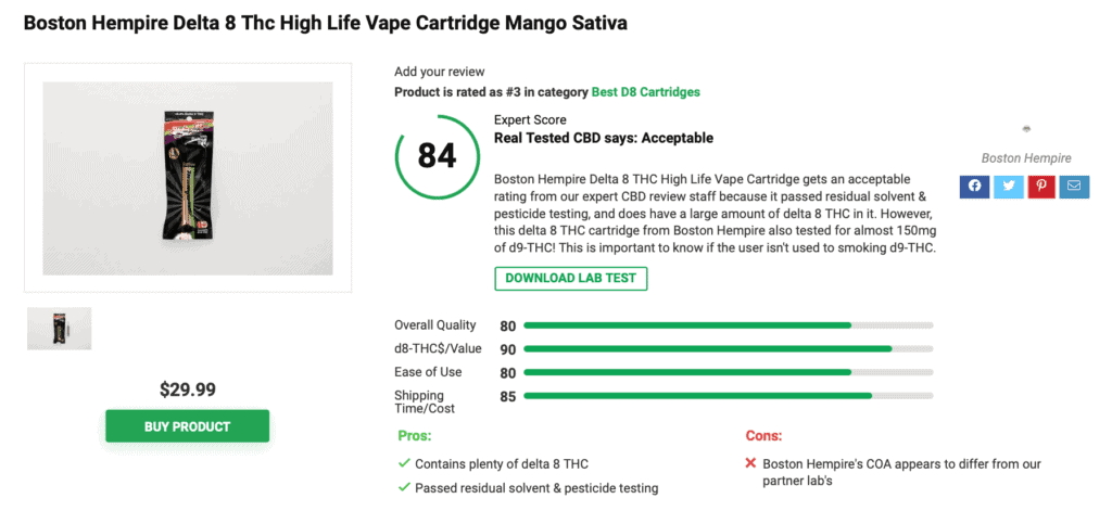 Boston Hempire Delta 8 Thc High Life Vape Cartridge Mango Sativa