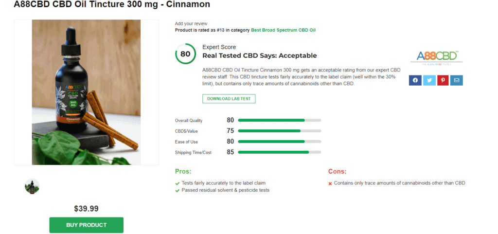 A88CBD CBD Oil Tincture 300 mg - Cinnamon