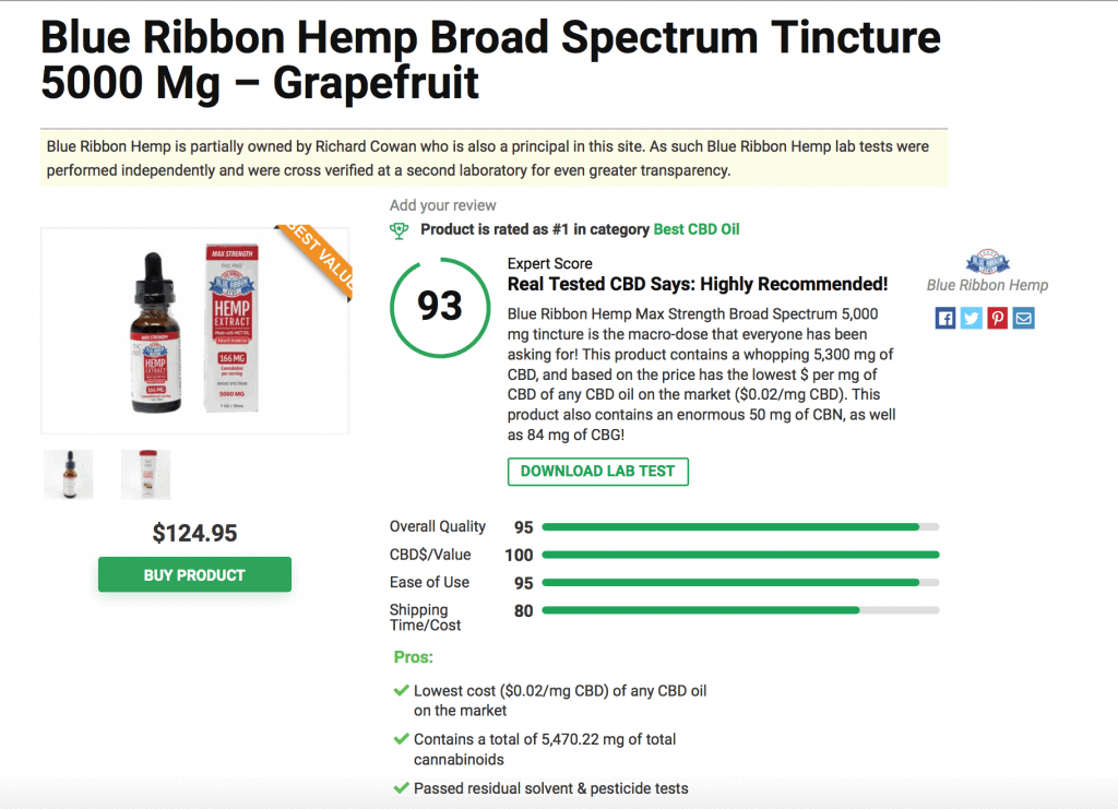 Blue Ribbon Hemp Broad Spectrum Tincture 5000 Mg - Grapefruit