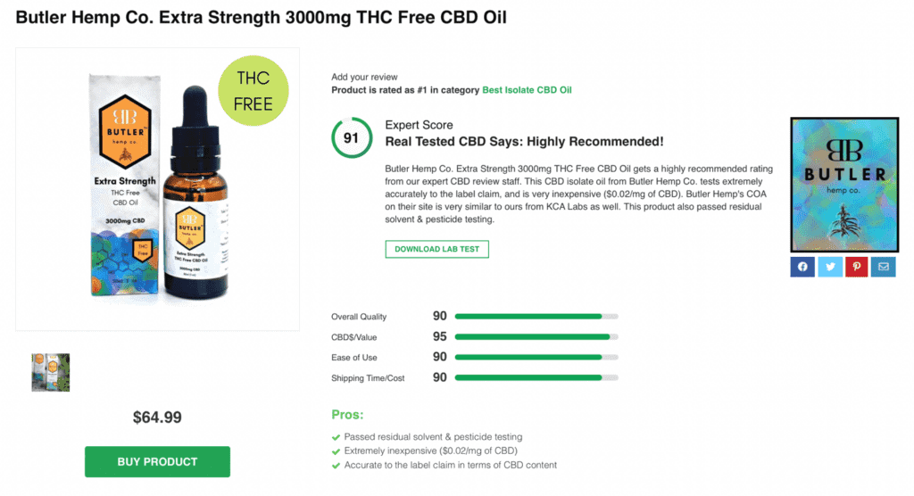 Butler Hemp Co. Extra Strength 3000mg THC-Free CBD Oil